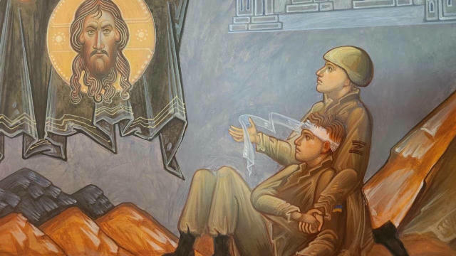 Русня намалювала фреску в церкві, де орк допомогає українському бійцю Йобнуті….
