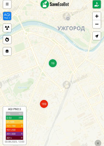 😱Увага! Високий рівень забруднення повітря на вулиці Дубова, 32. Сьогодні показник AQI (PM2.5) досяг 189 — це небезпечно нав