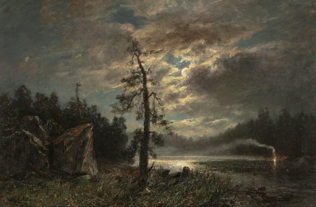 "Костер в лунном свете" (Bål i måneskinn) Мортен Мюллер (Morten Müller, 1828-1911) — норвежский художник-пейзажист XIX века. 