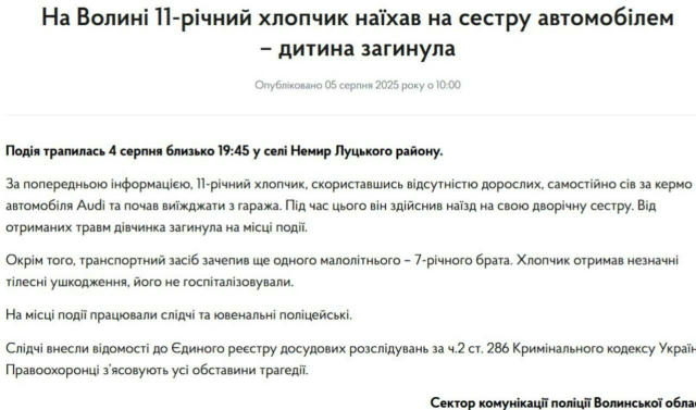 😱 Насмерть переїхав 2-річну сестру хлопчик на Волині 11-річний малий забрався в авто та почав виїжджати з гаража. Він наїхав