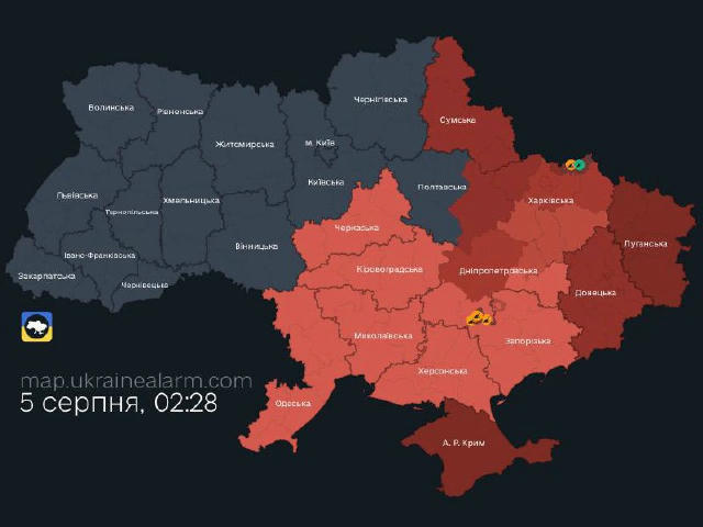 🇺🇦 Актуальна мапа тривог! ⚠️ Повітряна тривога в областях пов'язана з загрозою застосування балістичного озброєння! 🟡 Якщо