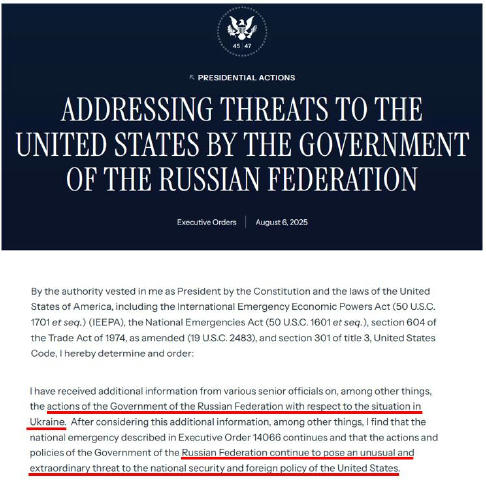 Дії Російської Федерації в Україні несуть загрозу для національної безпеки США. Трамп ввів мита 25% для Індії вже після зустр