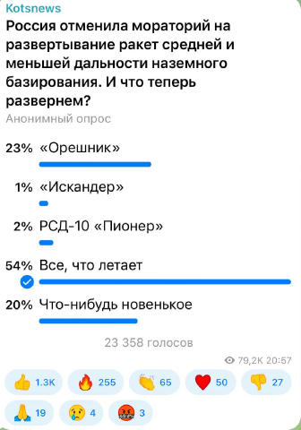 ⚡️⚡️⚡️ 54 процента подписчиков считают, что в ракетном противостоянии с Западом пригодится все, что летает. А конкретный пере