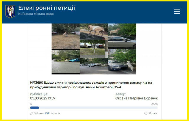 🤯Жителі Позняків вимагають захистити їхні автівки від домашніх кіз. Жителі вулиці Анни Ахматової зареєстрували петицію на са