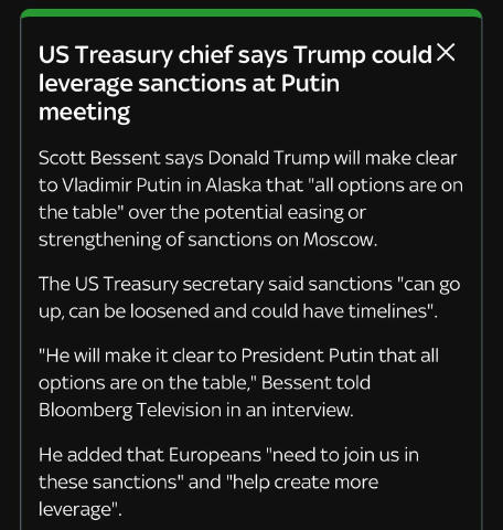 Трамп собирается обсудить тему санкций с президентом РФ Владимиром Путиным во время встречи на Аляске 15 августа, заявил глав