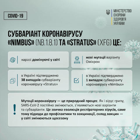 МОЗ: в Украине выявлен новый штамм COVID-19 «Nimbus» Минздрав сообщил о первом подтверждённом случае штамма «Nimbus» — новой 