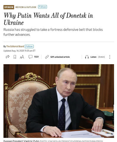 Путин в результате обмена территориями хочет получить всю Донецкую область и намерен возобновить войну, даже после временного