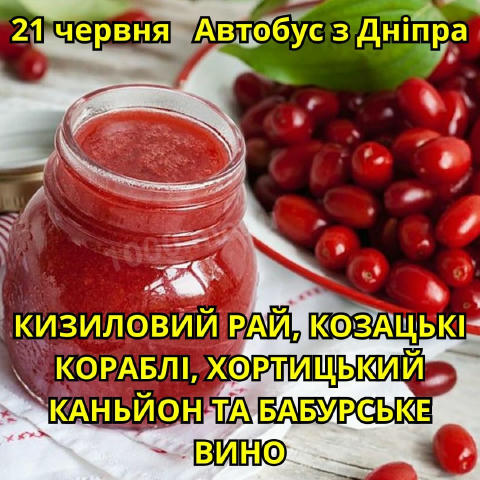 📌 Тур “КИЗИЛОВИЙ РАЙ, КОЗАЦЬКІ КОРАБЛІ, ХОРТИЦЬКИЙ КАНЬЙОН ТА БАБУРСЬКЕ ВИНО” 🍒 Кизил, козаки, каньйони та 🍷 вино — формул