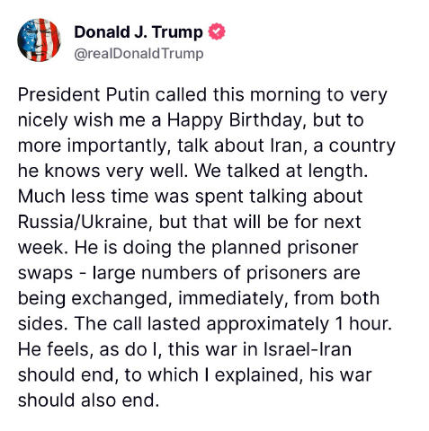 Трамп: Путин позвонил сегодня утром, чтобы очень мило поздравить меня с днем рождения, но, что еще важнее, поговорить об Иран
