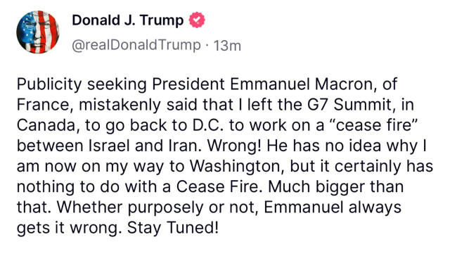 ‼️🇺🇸🇫🇷Трамп досрочно покинул саммит G7 не для того, чтобы заниматься прекращением огня на Ближнем Востоке ▪️При этом он ж