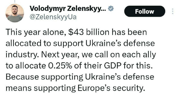 Дай ВВП: Зеленский попросил Запад выдать 0,25% своего ВВП на оружие Украине Зеленский просит западных партнёров выделить 0,25