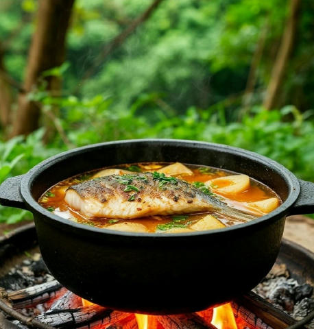 Рубрика "Рецепты"🍽 Уха в казане на костре 🐟🔥 Ингредиенты: 🐟Рыба речная (щука, карась или другая) — 3 шт. 🐟Вода — 4-5 лит