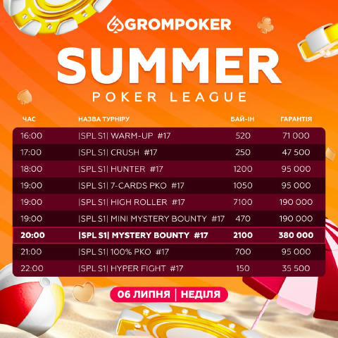 🤑 Передостанні вихідні першого сезону Summer Poker League тривають 🤑 Чергова порція з 9 недільних серійників, у тому числі 