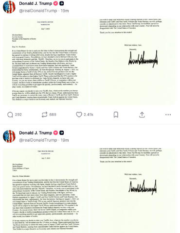 Трамп объявил, что с августа США вводят единый тариф в 25% на все товары японского и южнокорейского происхождения, ввозимые н