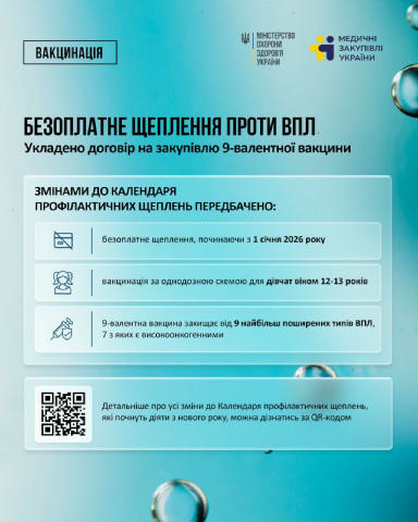 ❗️МОЗ оголосило про запуск безкоштовної вакцинації проти ВПЛ в Україні Для дівчат 12–13 років з 2026 року щеплення стане обов