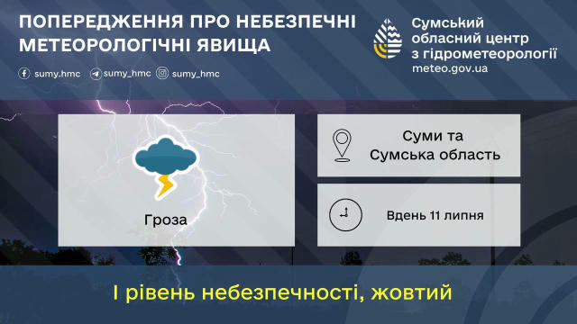 🌩Увага! Штормове попередження на Сумщині 11 липня в Сумській області та місті Суми прогнозують грозу. Гідрометцентр оголосив