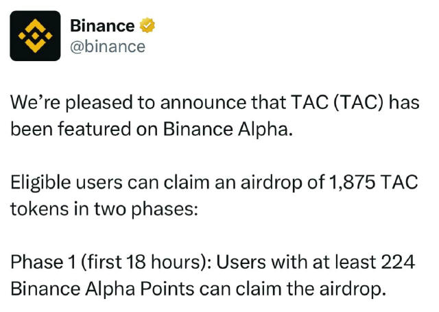 Сьогодні о 13:00 буде новий Alpha-дропчик з токеном $TAC Треба мати 224 AP, щоб забрати одразу, або 140 AP, щоб забрати за 6 