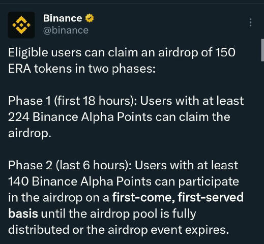 Користувачі з 224 Points отримають 150 $ERA (70$ премаркет) ✅ Друга фаза буде від 140 Points