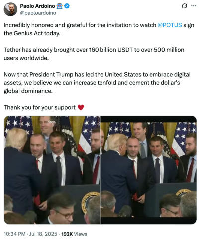 CEO Tether поблагодарил Трампа за поддержку цифровых активов и пообещал укрепить доминирование доллара Глава Tether Паоло Ард