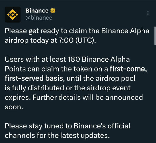 Сьогодні в 10:00 буде Alpha Airdrop, токен поки невідомий, потрібно мати 180 поінтів, знову буде раунд FCFS 🧐