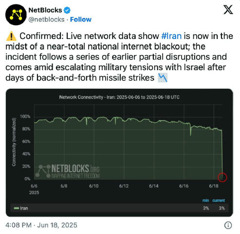 В Иране практически полностью заблокировали интернет По данным NetBlocks, в стране зафиксировано масштабное отключение. Оно п
